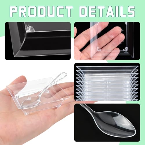 50 Pack Mini Dessert Plates with Spoons | Clear Disposable Appetizer Plates