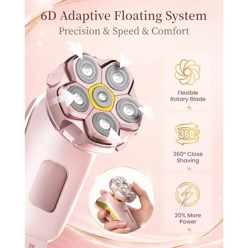 Electric Razors for Women Legs: Long Handle Easy Reach Legs Shaver, 6D Body Shaver for Fast & Smooth Grooming, 2 in 1 Waterproof Bikini Trimmer Kit for Lady Hair Removal, Gift for Her (Nude Pink)