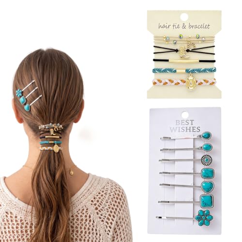 Boho Hair Clips and Ponytail Holders Set with Turquoise Beads - 12PCS
