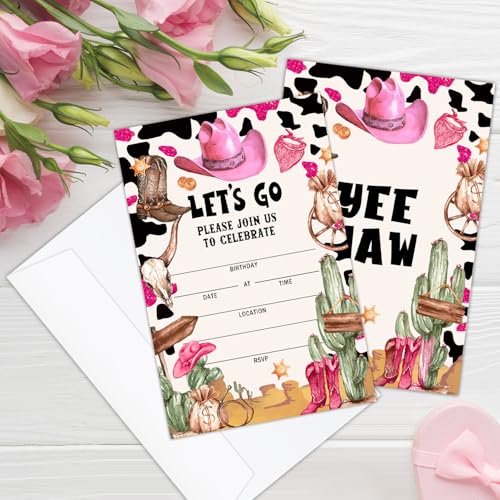 Cowgirl Birthday Invitation Cards with Envelopes - 20 Pack
