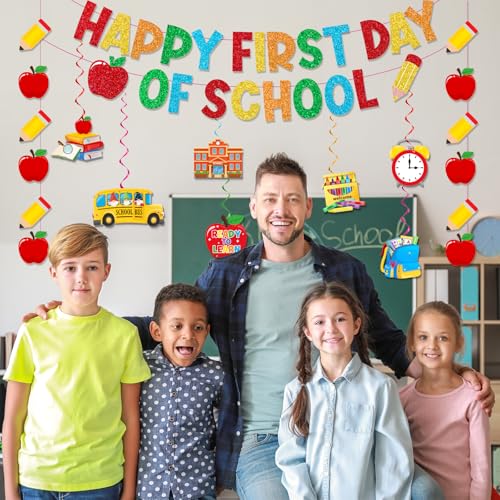 Happy First Day of School Banner Decorations with Glitter Garland