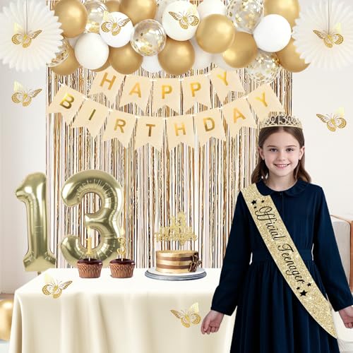 Juesly 13th Birthday Decorations Set for Girls - 50pcs Gold Theme