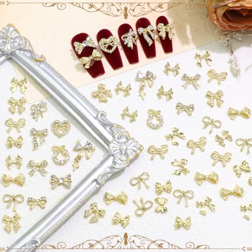 RODAKY 58PCS Gold Crystal Bow Nail Charms for Nail Art & Decor