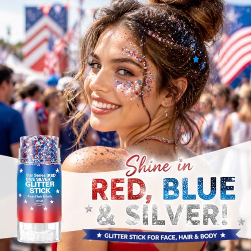 4th of July Body Glitter Stick, Red White and Blue Accessories, Patriotic Hair Face Glitter Makeup for Women Kids, Fourth of July Outfits and Decorations for 250th Independence Day, Memorial Day