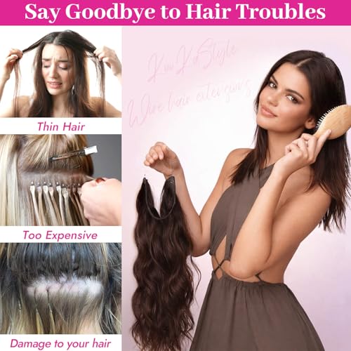 KooKaStyle Invisible Wire Hair Extensions with Transparent Headband Adjustable Size 4 Secure Clips Black Long Wavy Synthetic Hairpiece 20 Inch for Women