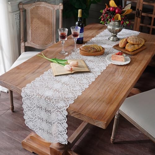 Elegant White Faux Lace Table Runner, 14" x 48" for Weddings & Decor