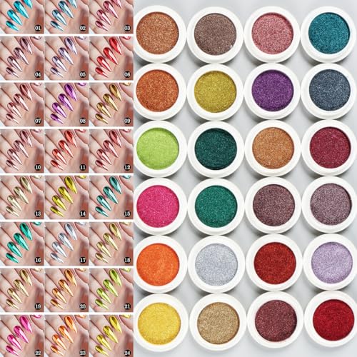 24Pcs Chrome Nail Powder Set with Mirror & Holographic Finishes, Professional Nail Art Kit