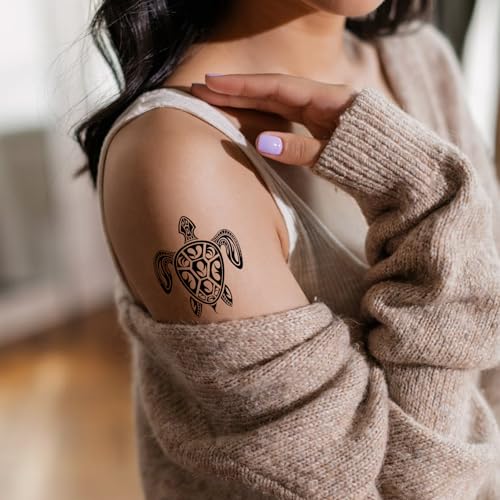 Small Black Tribal Turtle Temporary Tattoos - 8 Sheets Sea Animal Body Stickers