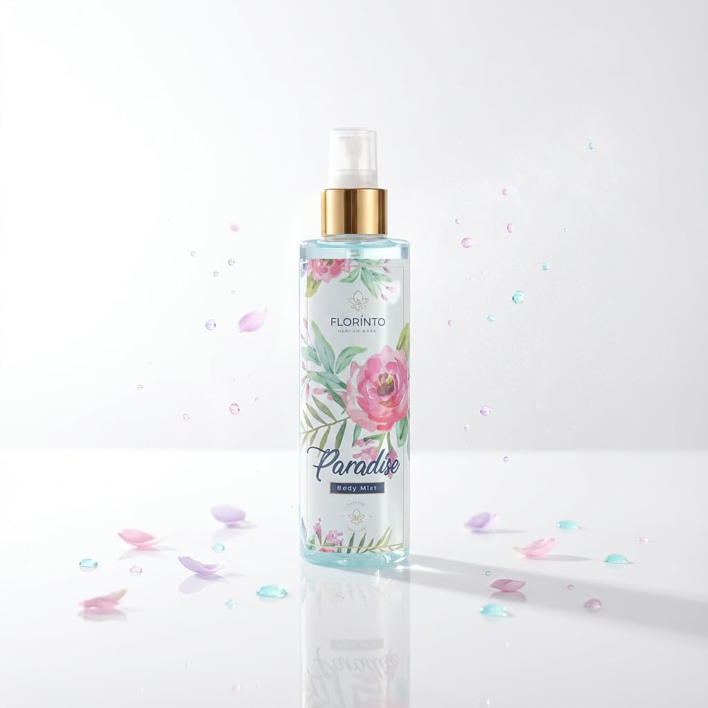 FLORÍNTO Body Mist – 24-Hour Freshness with Aloe Vera Gel – Hydrating, Aluminum-Free & Paraben-Free Spray for Sensitive Skin – Soothing, Non-Sticky & Gentle Formula – 200 ml (Paradise)