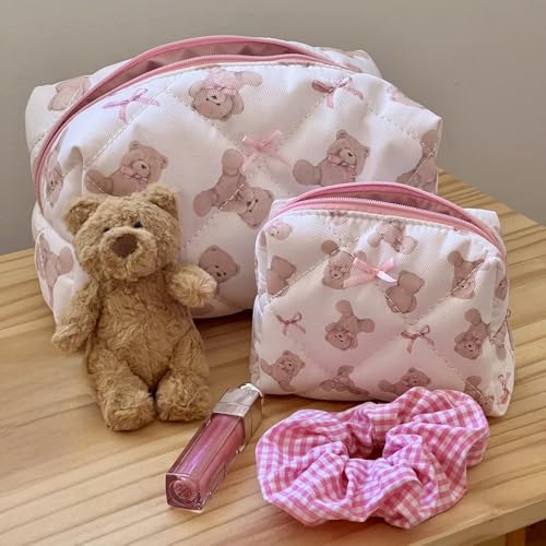 Cherry Ever After Quilted Teddy Bow Makeup Bag Set - 2 Piece Coquette Pouch