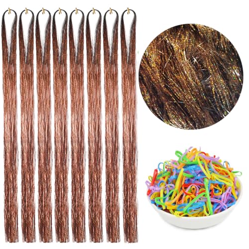 YUKAYULA 44 Inch Brown Glitter Hair Tinsel Extensions for Women & Kids - Sparkling Fairy Hair Accessories, 8 Pcs