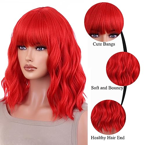 ANESHE Red Short Curly Wig with Bangs for Women - Wavy Bob Style, Shoulder Length, Heat-Resistant Synthetic Fiber, Daily & Party Use