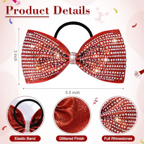 DEEKA 6-Pack Red Glitter Tailless Cheer Bows with Rhinestones