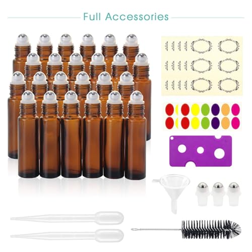 Mavogel 24-Pack 10ml Amber Glass Roller Bottles with Stainless Steel Balls
