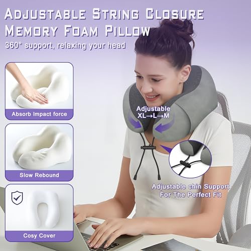 Premium Memory Foam Travel Neck Pillow with Eyemask - Adjustable Ergonomic Support