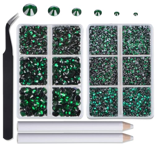 8000pcs Emerald Hotfix Rhinestones Flatback Kit - 6 Sizes with Wax Pencil