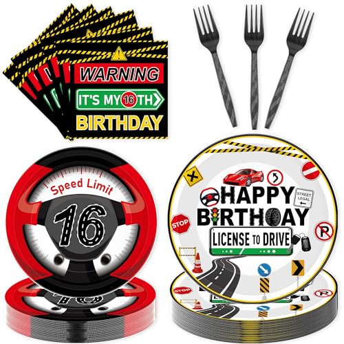 16th Birthday Decorations Set for Boys - Driver's License Theme, 96 Pcs Tableware for 24 Guests