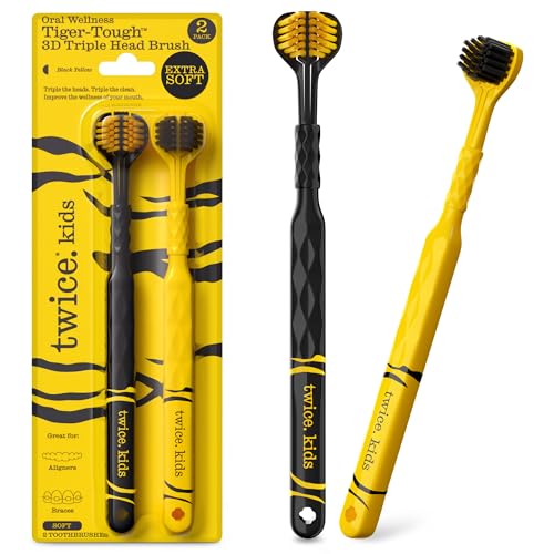 TWICE Triple-Head Kids Toothbrush Set for Ages 3+ - 2 Pack, Soft Bristles, Suitable for Braces & Sensitive Gums