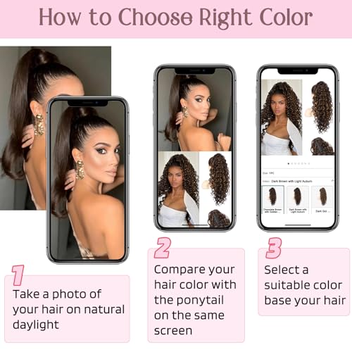 HOOJIH 24 Inch Curly Wavy Ponytail Extension for Women - Black Brown