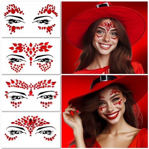 FACEGEM London Red Self-Adhesive Face Gems - 4 Pack for Festival & Party