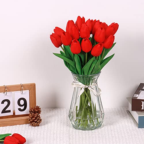 10 Red Faux Tulips - Realistic Artificial Flowers for Home Decor