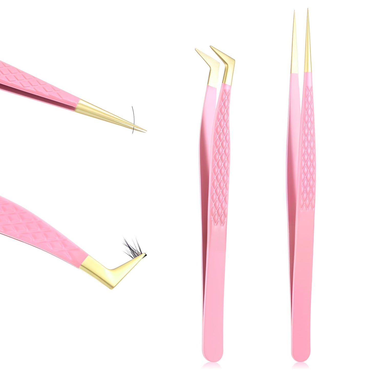 2 Pcs Professional Lash Tweezers Set, Eyelash Cluster Extension Tools Fiber Tip Women Lash Eyelash Eyebrow Tweezers with Bent and Straight Tips, Non-Slip Grip for Volume Classic Lashes (Pink)