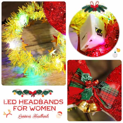 CASDRE Christmas Light Up Mouse Ear Headband with Bow & Bells - Red Gold Xmas Party Hair Accessory (C Red Gold)