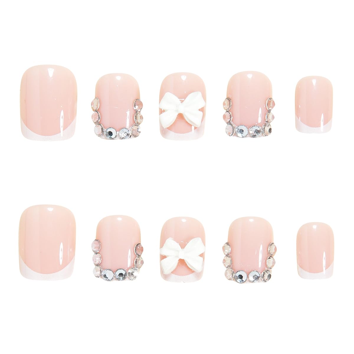 Square Press-On Nails - 24 Pcs Short French Tip with 3D White Bow & Rhinestones | Glossy Pink Reusable Acrylic Nails for Weddings & Daily Use