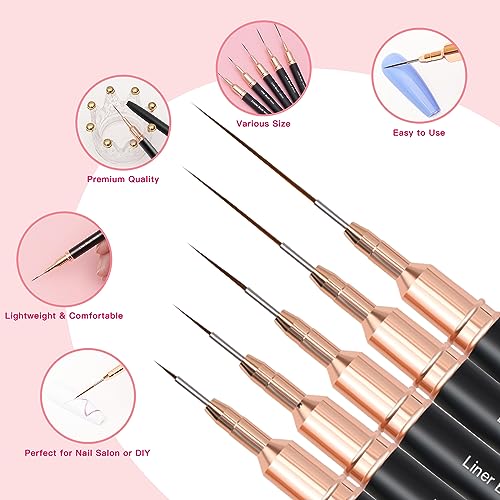 Komall Nail Art Brush Set - 5 Premium Liner Brushes for Fine Detailing