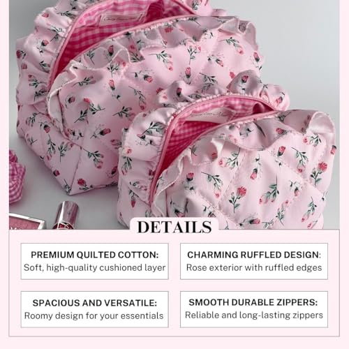 Pink Quilted Rose Makeup Bag Set of 2 - Travel Cosmetic Organizer for Women & Teens