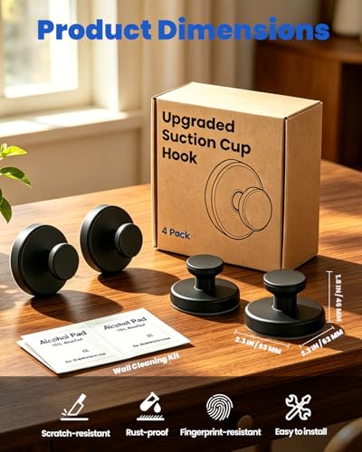 Suction Cup Hooks for Shower - Black Adhesive Towel Hooks, 4 Pack