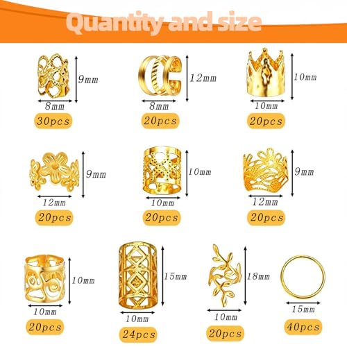 230 Pcs Adjustable Gold Hair Jewelry for Braids & Dreadlocks
