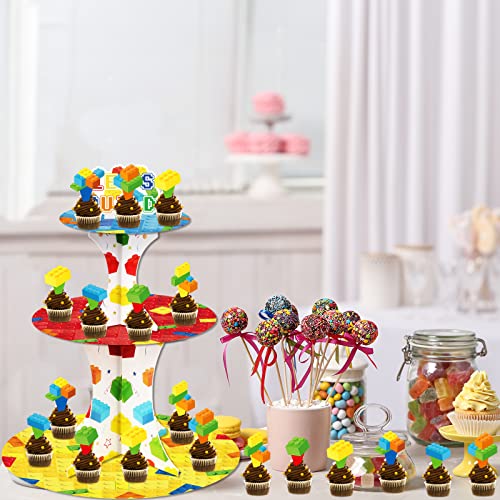Building Block Cupcake Stand with 24 Cupcake Toppers - 3-Tier Party Decor
