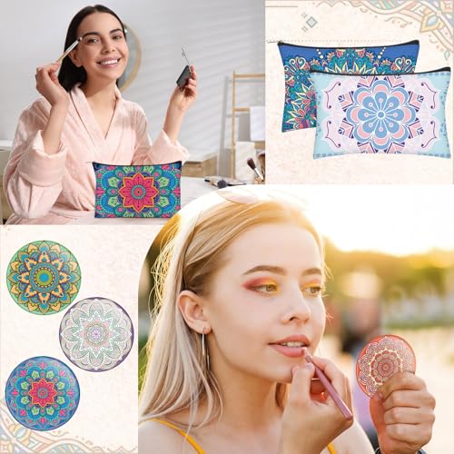 Sadnyy Mandala Gift Set 20 Pcs - Geometric Canvas Makeup Bags & Compact Mirrors for Women, Birthday & Wedding Gifts