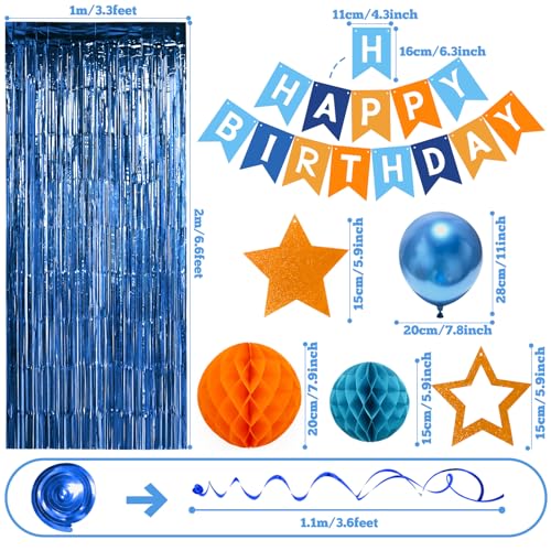 Navy Blue and Orange Birthday Decorations Set - Recosis Party Supplies with Balloons, Banner, Honeycomb Balls & Streamers