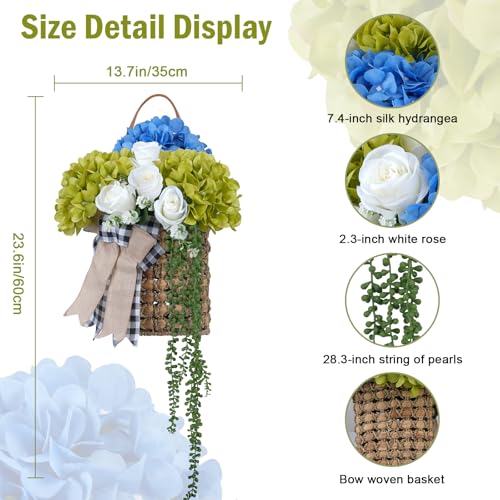 23.6-Inch Blue & Green Hydrangea Basket Wreath for Front Door