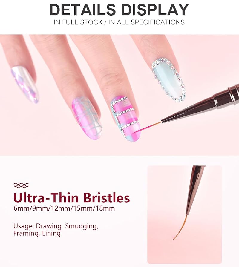 KADS Fine Liner Nail Brush Set with Metal Handle - 5 Sizes