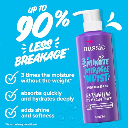 Aussie Miracle Moist Shampoo & Conditioner Set with Deep Treatment - Paraben-Free, All Hair Types, 3-Pack