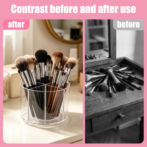 HALAGAS Round 6in Acrylic Makeup Brush Holder, 4-Slot 360° Rotating Organizer