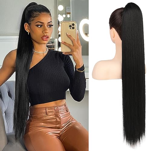 Flufymooz 30 Inch Natural Black Synthetic Ponytail Extension - Easy Clip-In Hairpiece for Women