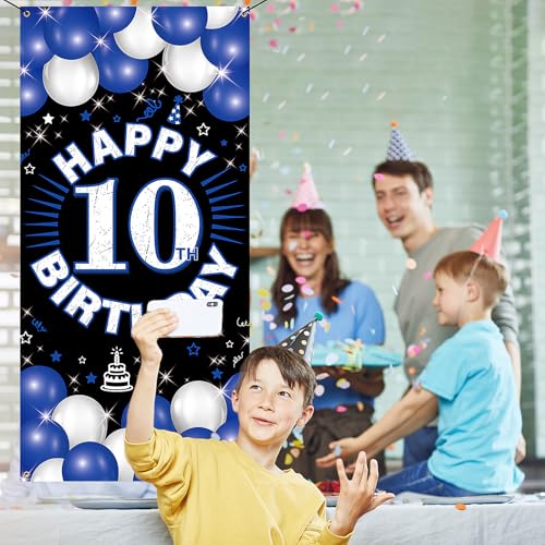 10th Birthday Fabric Backdrop Banner for Boys & Girls - Blue