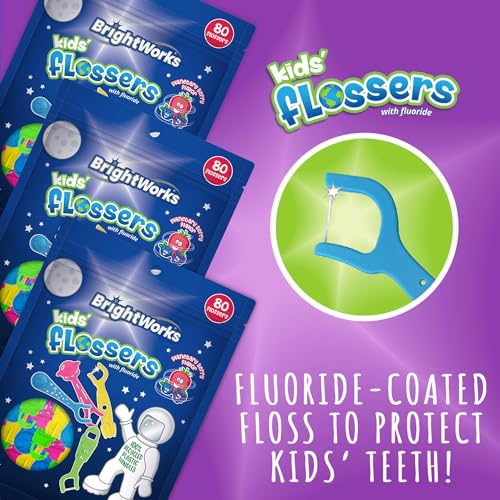 BrightWorks Kids Space Floss Picks, Blue - 240ct Fluoride Fun