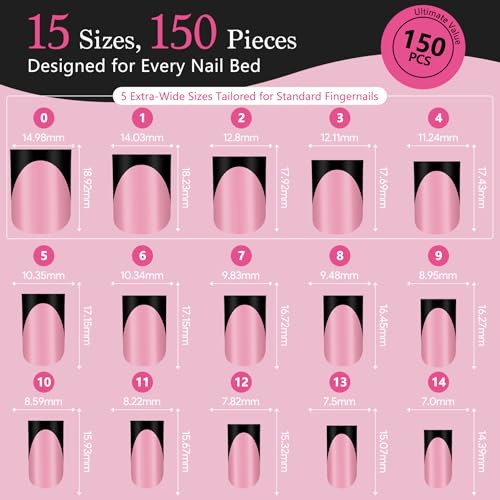 QIEK 150Pcs Deep Pink & Black French Tip Press-On Nails - Short Square