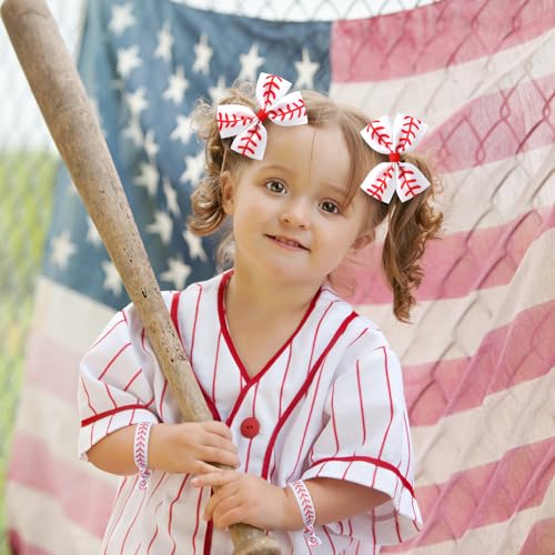 JiaDuo White-Red 2PC Baseball Hair Bow Clip & 6PC Elastic Hair Ties Girls Cheer Accessories