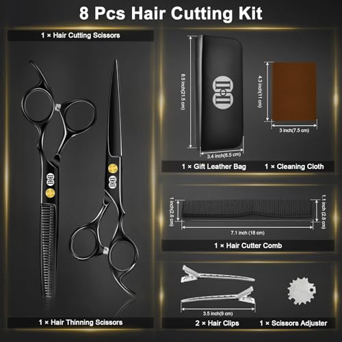 CIICII Hair Cutting Scissors Shears Kit, Professional Barber Haircut Scissors Set (6.7 Inch Hair Beard Hairdressing Trimming Haircutting Thinning Shears) for Men Women Hairdresser Home Salon (Black)