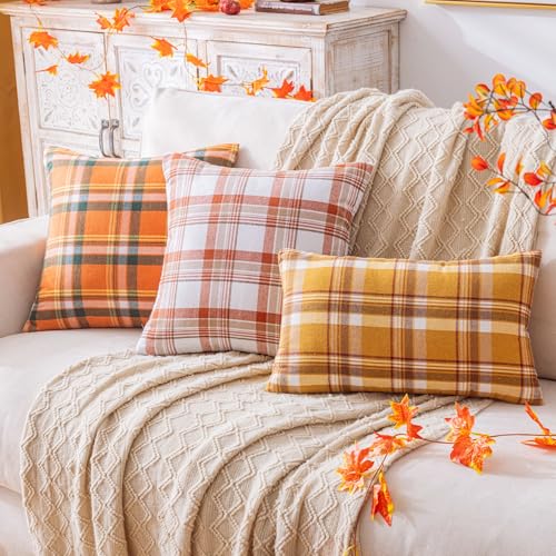 Set of 2 Orange Plaid Throw Pillow Covers - 18x18 Inch for Autumn Decor