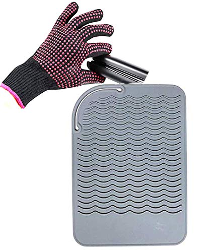 Grey G Heat Resistant Silicone Glove + 9x6.5in Mat for Curling Irons & Straighteners, 2-in-1 Set