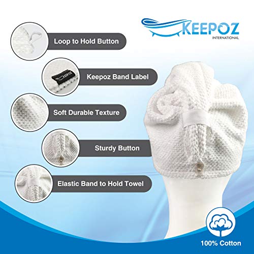 KEEPOZ 2-Pack Cotton Hair Towel Wraps for Women, Quick Dry Turban with Button, White Check
