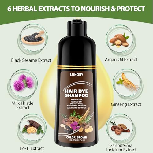Lunory Brown Hair Dye Shampoo for 100% Gray Coverage - Ammonia-Free