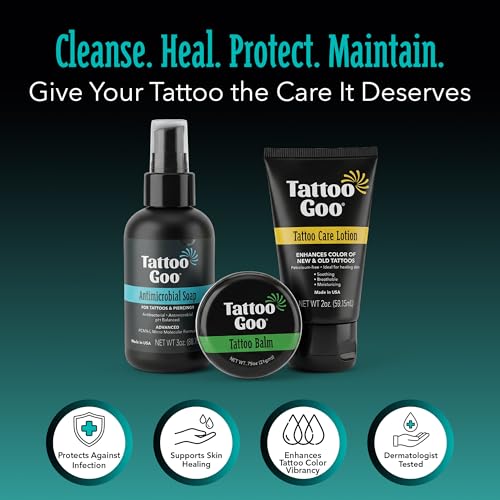 Tattoo Goo Tattoo Aftercare Kit, 3 Piece Set, Includes Antimicrobial Soap, Tattoo Balm & Healing Lotion, Main Vibrant Color & Glow, Complete Kit for Fresh Ink, Ongoing Ink Maintenance & Piercing Care